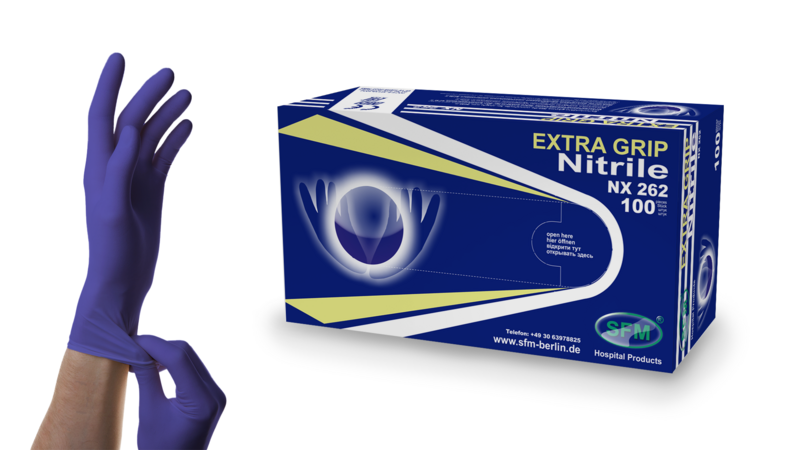 Перчатки нитриловые NX 262 № 50пар SFM Extra Grip, нестер., неопудр., текстур. на пальцах, хлорир., однокр., синие (Германия)