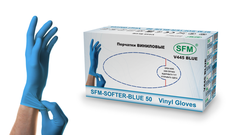 Перчатки виниловые V 445 № 50пар SFM Softer Blue неопудр., нестер., гладкие, голубые (Германия)