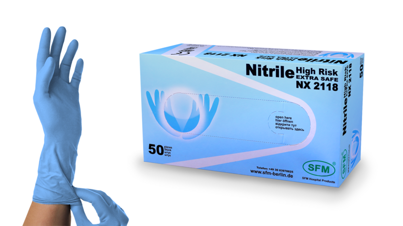 Перчатки HIGH RISK NX 2118 № 25пар SFM EXTRA SAFE, нитриловые, неопудр., нестер., текстур., хлорир., однокр., голубые (Германия)