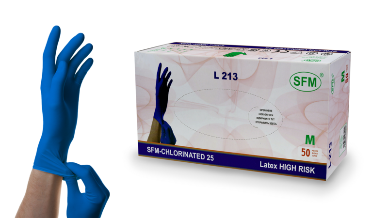 Перчатки HIGH RISK L 213 № 25пар SFM, латексные, неопудр., нестер., текстур., хлорир., однокр., синие (Германия)