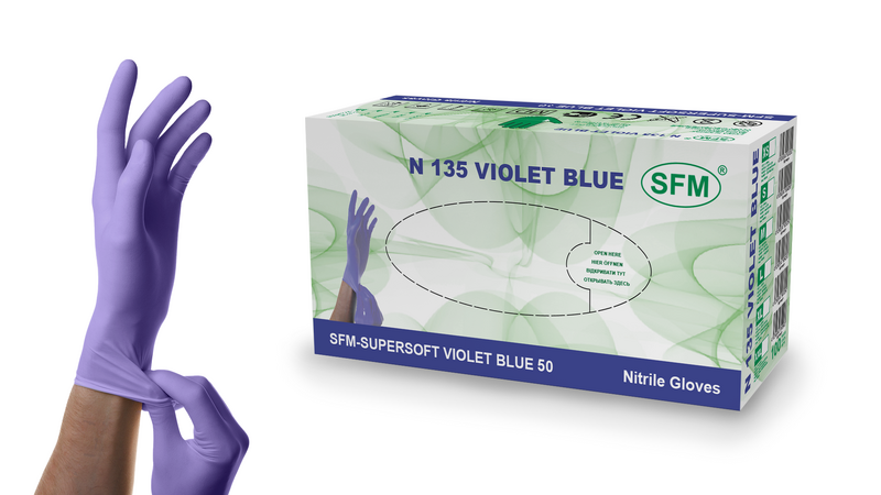 Перчатки нитриловые N 135 №50пар SFM Supersoft Violet Blue 50, нестер., неопудр., текстур. на пальцах, хлорир., однокр., фиолетово-голубые (Германия)