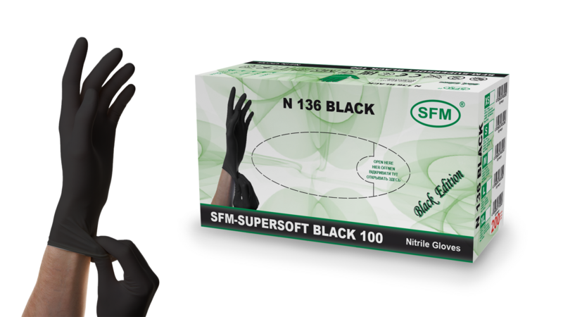 Перчатки нитриловые N 136 №100пар SFM Supersoft Black 100, нестер., неопудр., текстур. на пальцах, хлорир., однокр., чёрные (Германия)