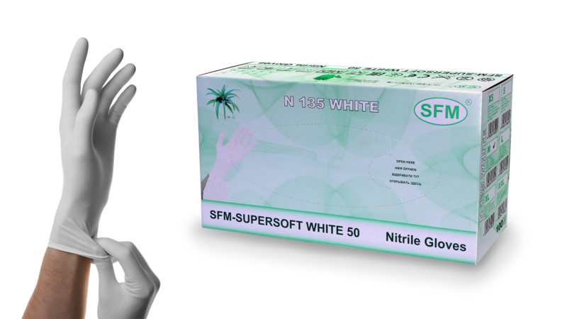 Перчатки нитриловые N 135 № 50пар SFM Supersoft White 50, нестер., неопудр., текстур. на пальцах, хлорир., однокр., белые (Германия)