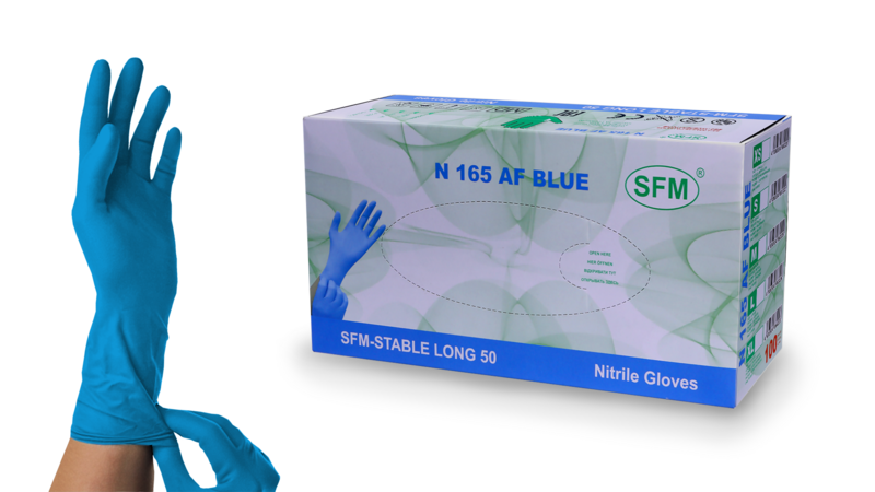 Перчатки нитриловые N 165 № 50пар SFM Stable Long 50, удлинённые, нестер., неопудр., текстур. на пальцах, хлорир., однокр., синие (Германия)