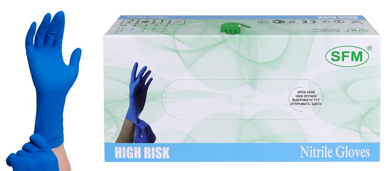 Перчатки HIGH RISK N 1114 № 25пар SFM, нитриловые, неопудр., нестер., текстур., хлорир., однокр., синие (Германия)