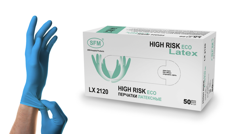 Перчатки HIGH RISK LX 1160 № 25пар SFM EXTRA, латексные, неопудр., нестер., текстур., двойное хлорир., голубые (Германия)
